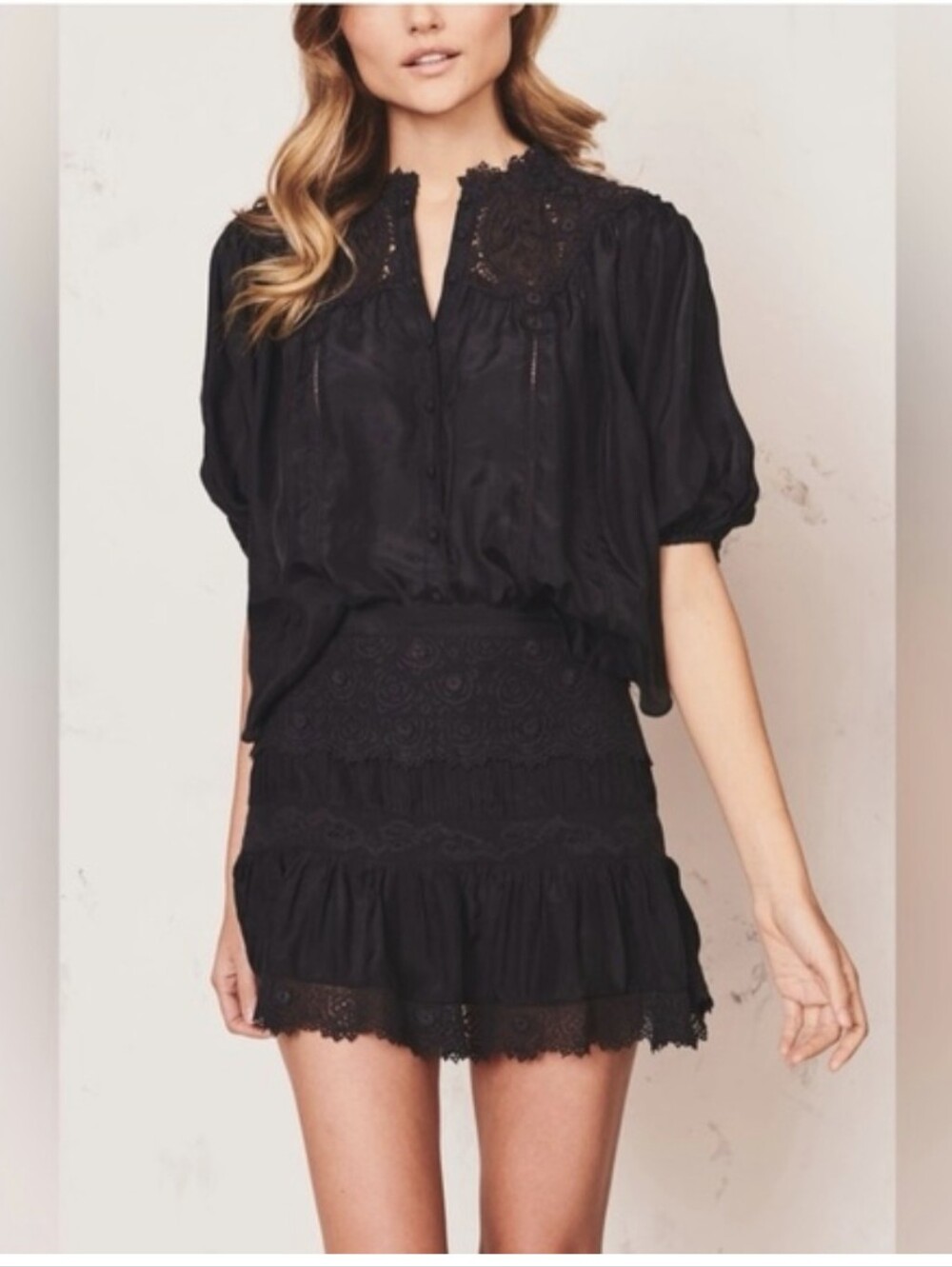LoveShackFancy Black Lace-Trim Mini Skirt